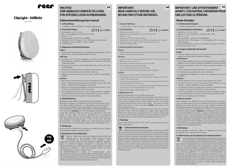 Page 1 de la notice Manuel utilisateur Reer ClipLight 52361