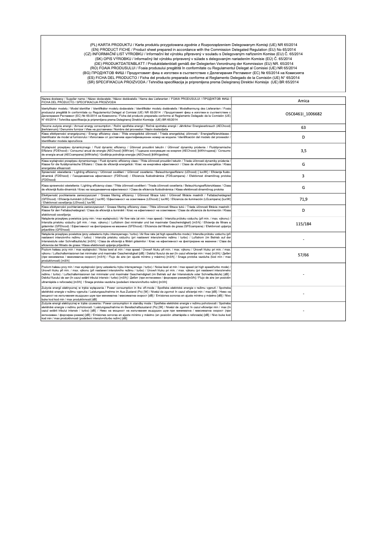 Page 1 de la notice Fiche technique Amica OSC 6461 I