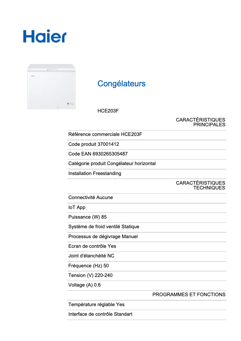 Page n°1 - Label énergétique Haier HCE203F