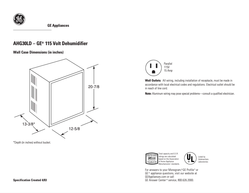 Página 1 del manual Ficha técnica GE AHG30LD