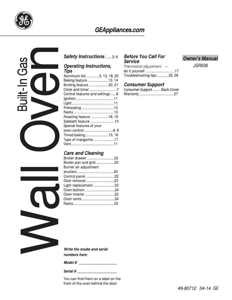 Page n°1 - Manuel d'utilisation et d'entretien GE JGRS06BEJBB