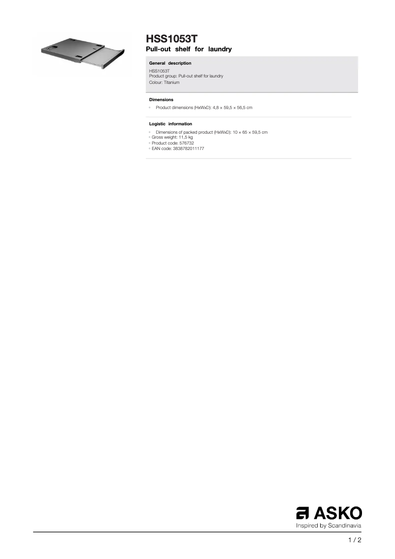 Page 1 de la notice Fiche technique Asko HSS1053T