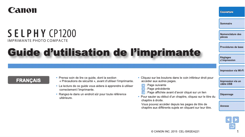 Image de la première page du manuel de l'appareil Selphy CP1200