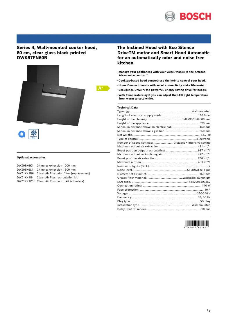 Page 1 de la notice Fiche technique Bosch DWK87FN60B