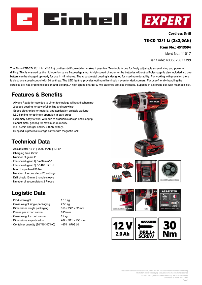 Page 1 de la notice Fiche technique Einhell TE-CD 12/1 Li