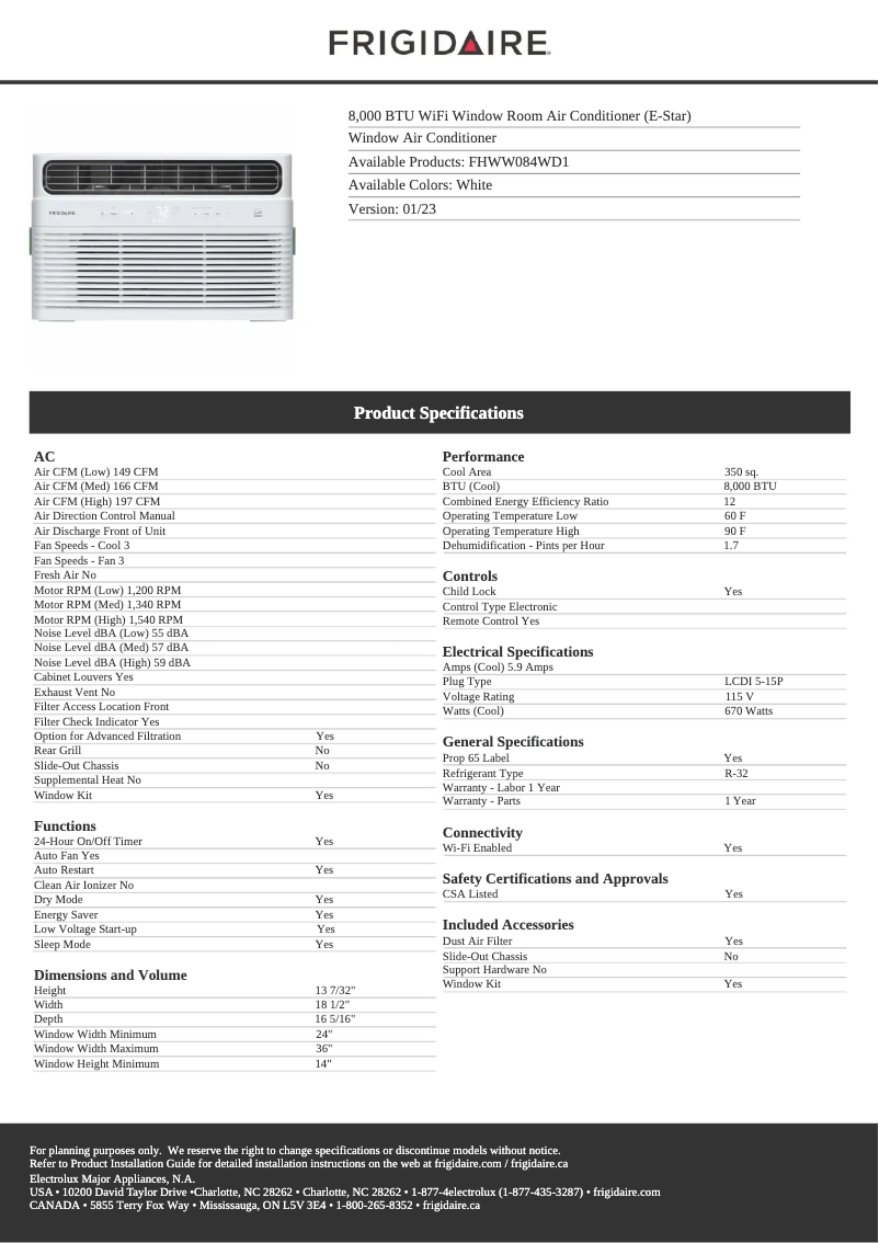 Page 1 de la notice Fiche technique Frigidaire FHWW084WD1