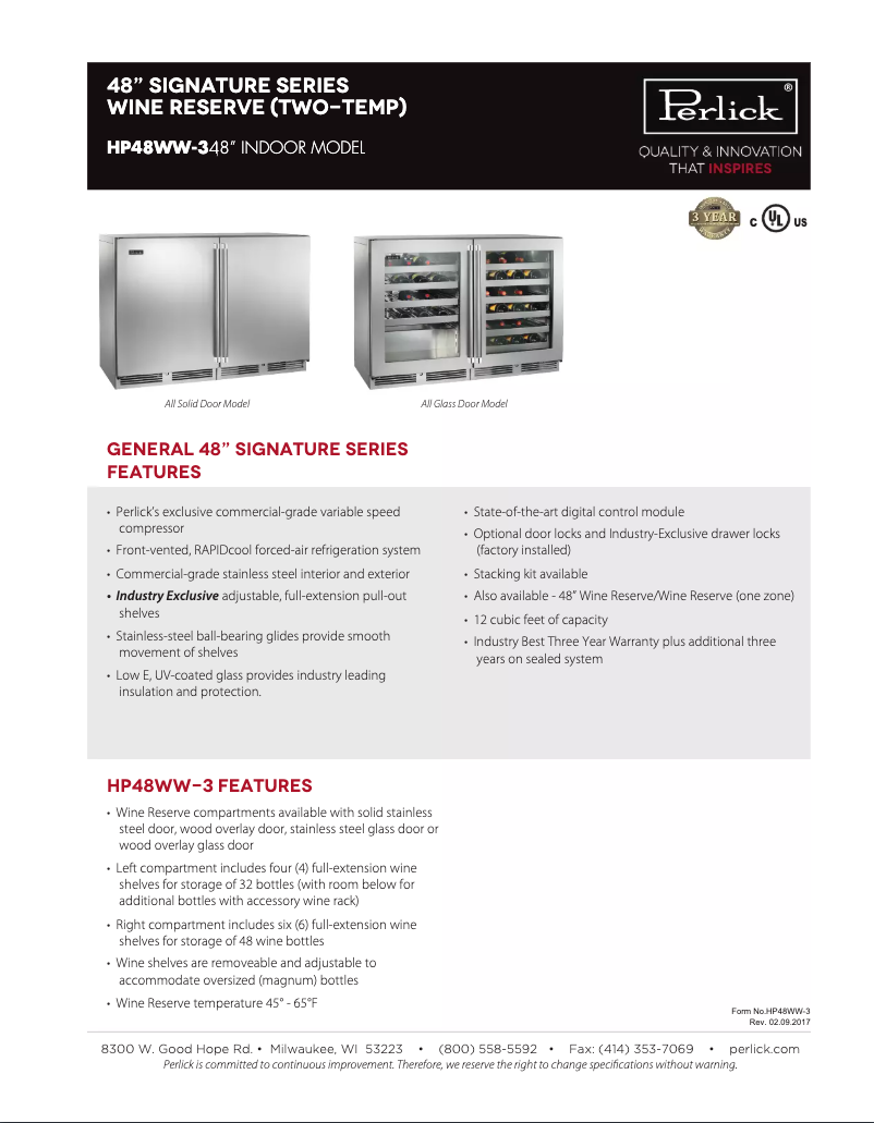 Page n°1 - Fiche technique Perlick Signature Series HP48WO-S-3-3L-3R