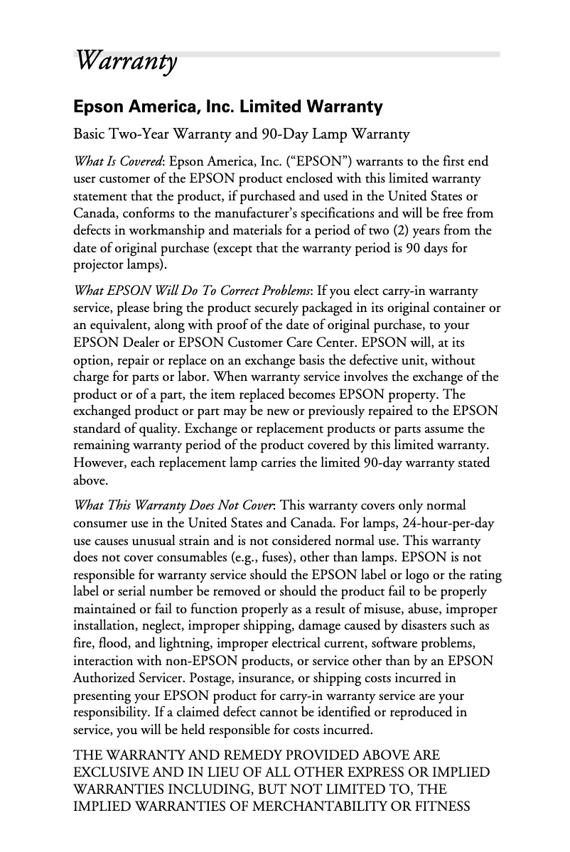 Page 1 de la notice Informations de garantie Epson PowerLite 7850pNL