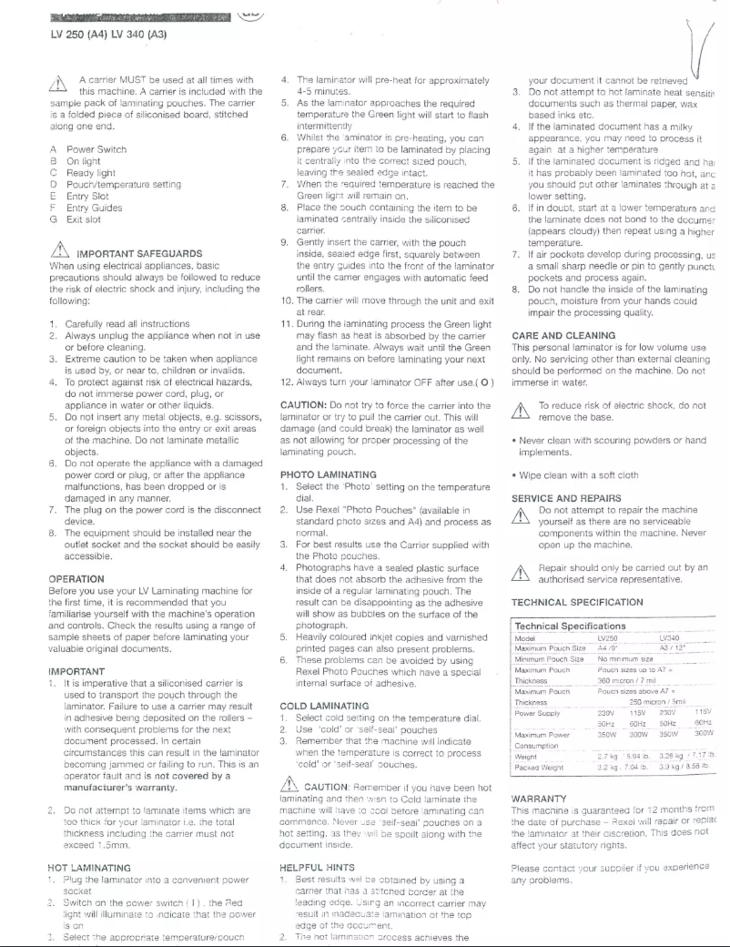 Page 1 de la notice Manuel utilisateur Rexel LV250