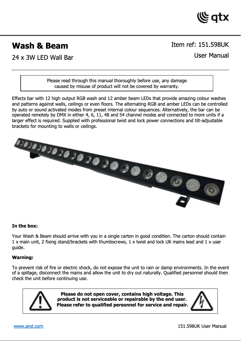 Page 1 de la notice Manuel utilisateur Qtx Wash & Beam