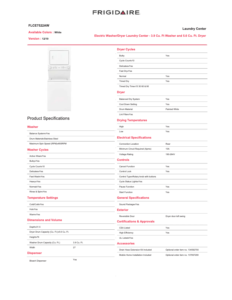 Page 1 de la notice Fiche technique Frigidaire FLCE7522AW