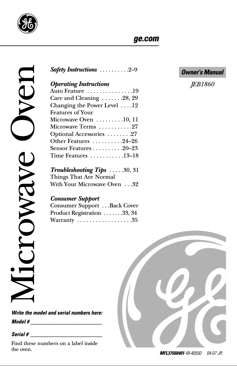 Page n°1 - Manuel utilisateur GE JEB1860DMBB