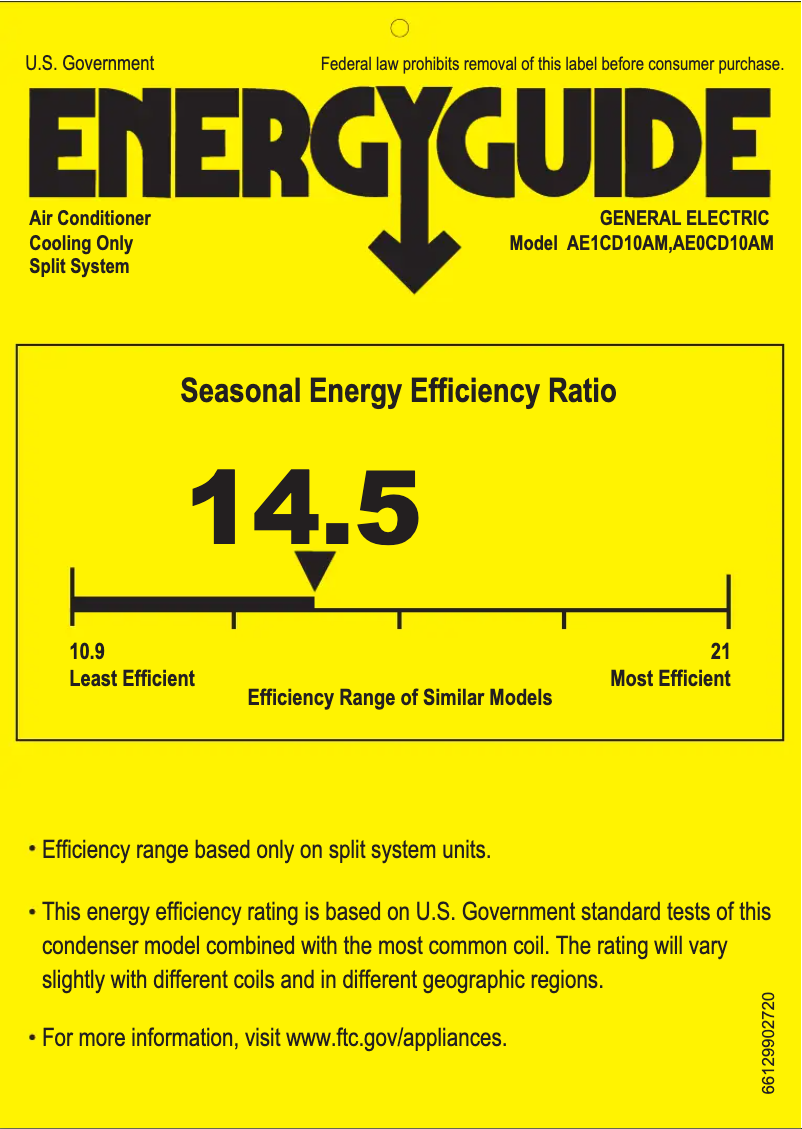 Page 1 de la notice Label énergétique GE AE1CD10AM