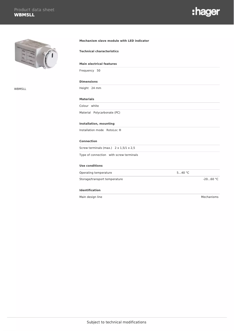 Page 1 de la notice Fiche technique Hager WBMSLL