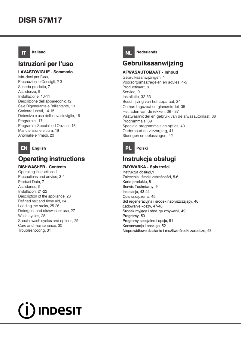 Page n°1 - Manuel utilisateur Indesit DISR 57M17 CAL EU