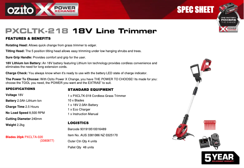 Page n°1 - Fiche technique Ozito PXCLTK-218