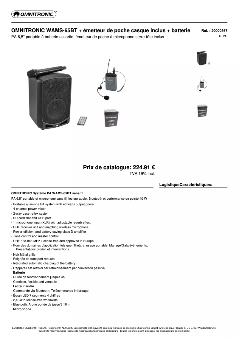 Page n°1 - Fiche technique Omnitronic WAMS-65BT