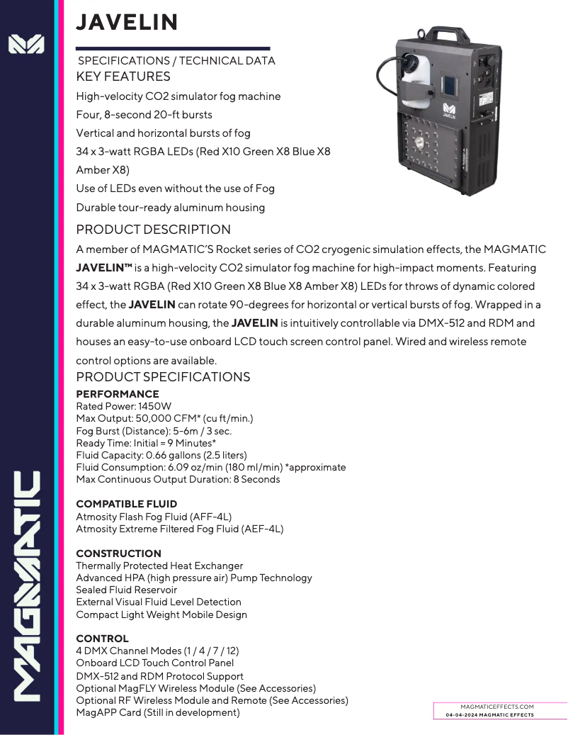 Page 1 de la notice Fiche technique Magmatic JAVELIN
