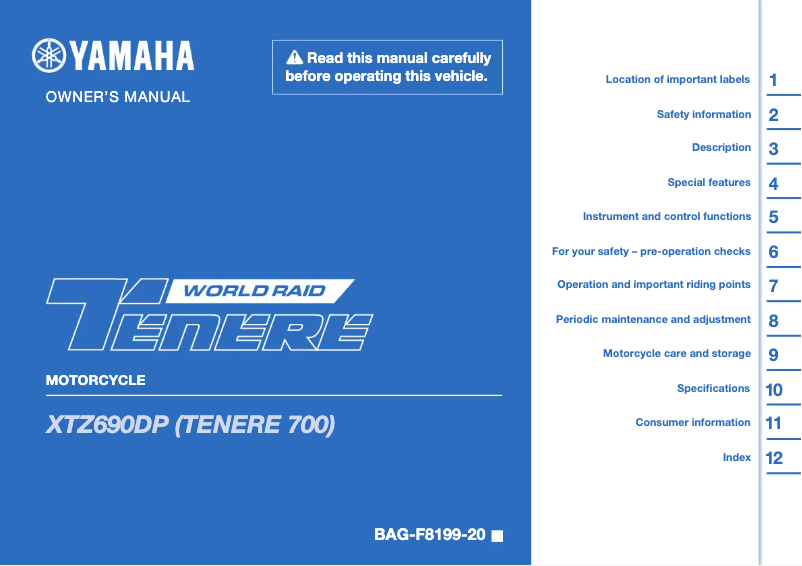 Page 1 of the manual User Manual Yamaha Ténéré 700 World Raid (2023)