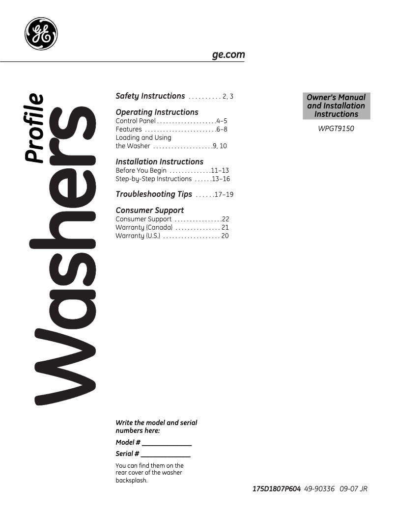 Página 1 del manual Manual de usuario GE WPGT9150HWW