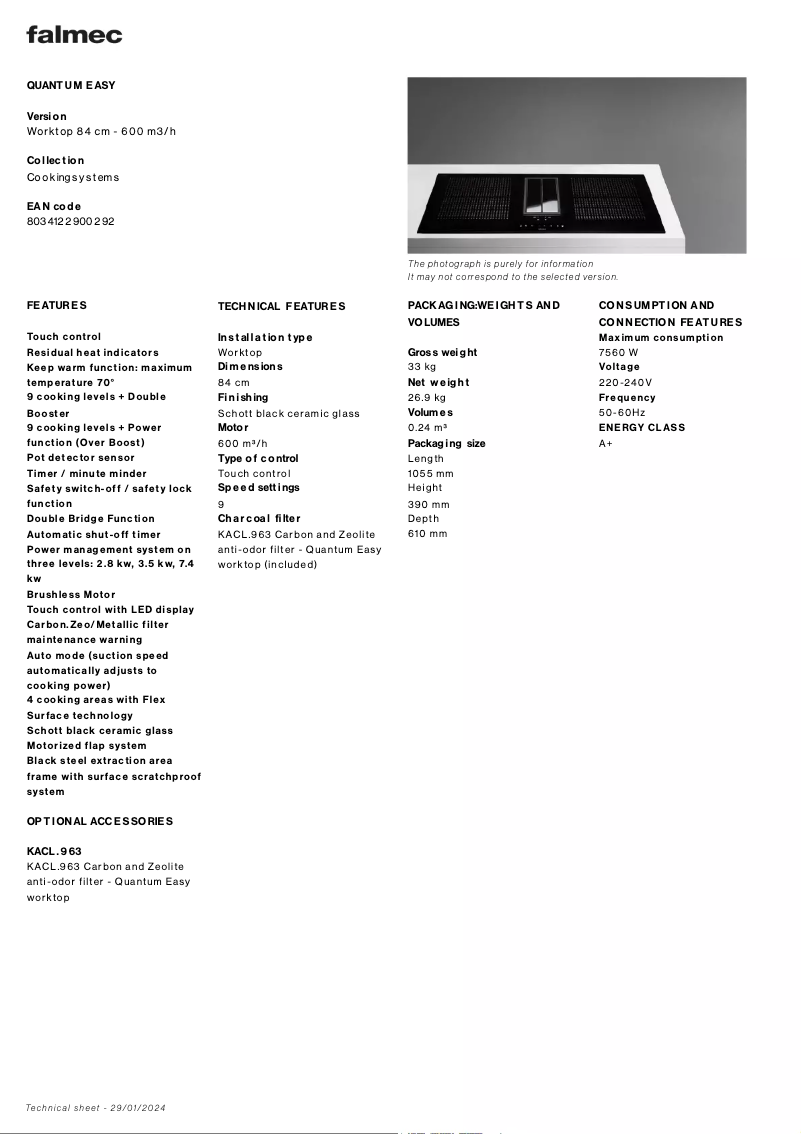Page n°1 - Fiche technique Falmec Quantum Easy