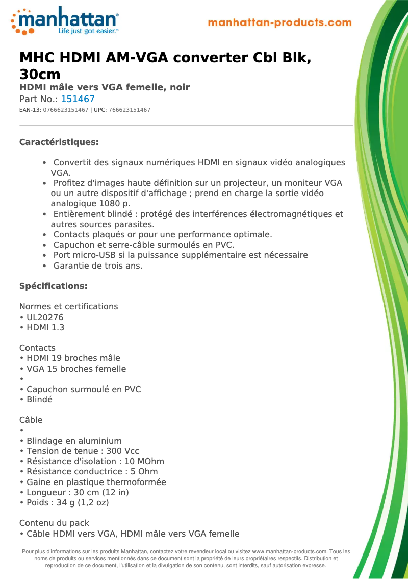 Page 1 de la notice Fiche technique Manhattan 151467