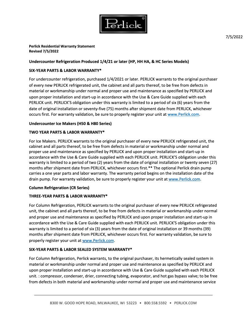 Page n°1 - Informations de garantie Perlick CR24R-1-2R