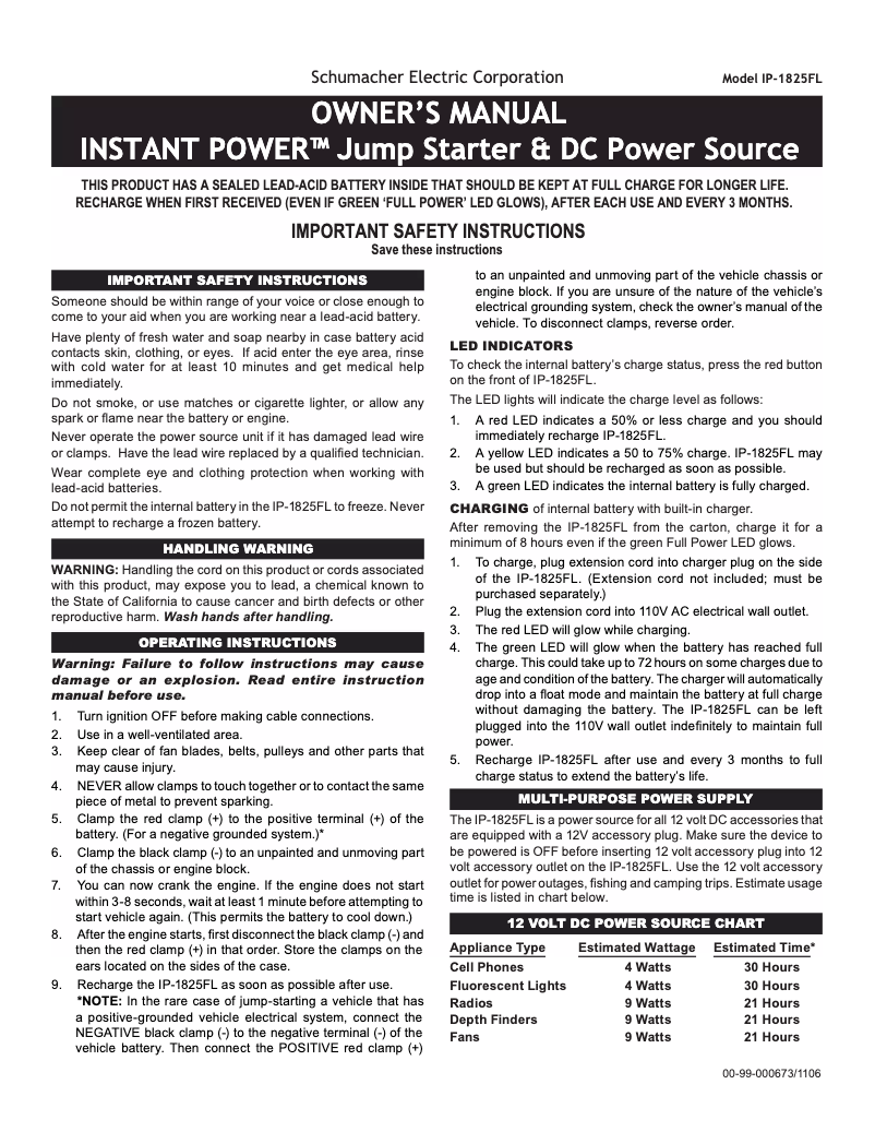 Page n°1 - Manuel utilisateur Schumacher Instant Power IP-1825FL