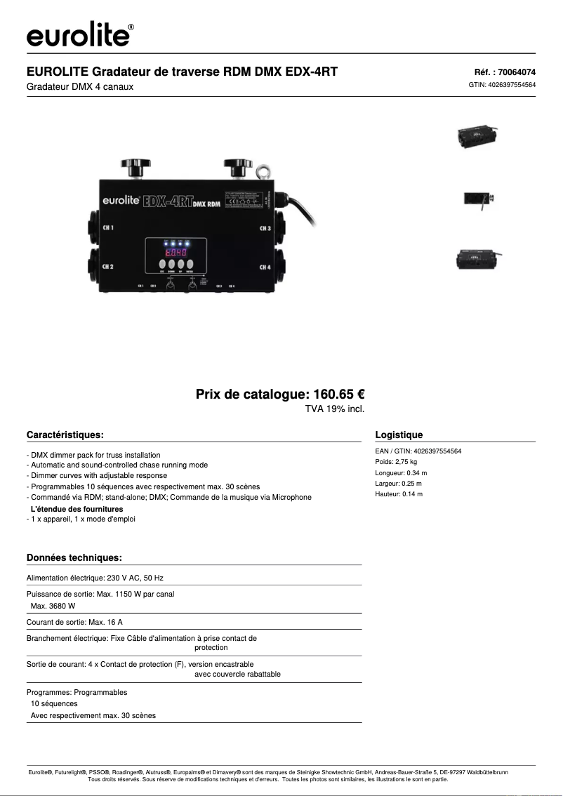 Page 1 de la notice Fiche technique Eurolite EDX-4RT DMX RDM