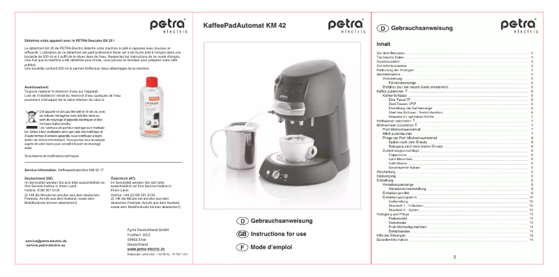Page 1 de la notice Manuel utilisateur Petra Electric KM 42.17