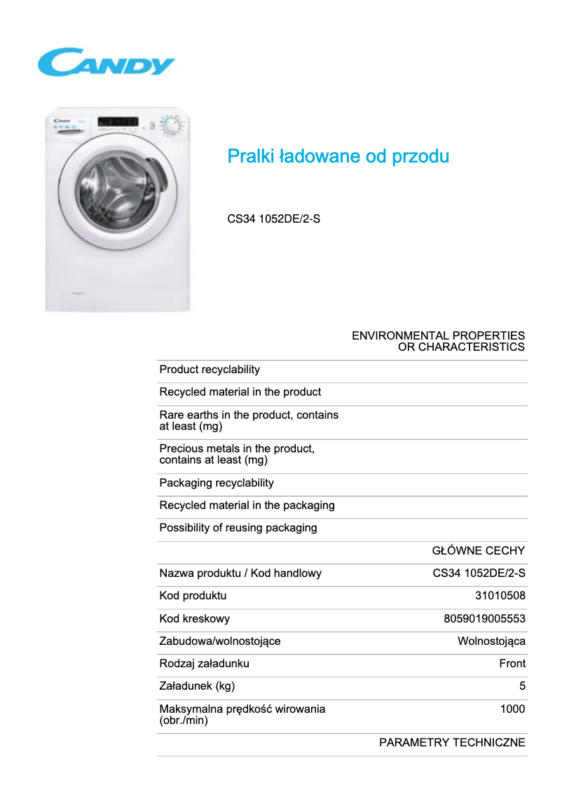 Page 1 de la notice Fiche technique Candy CS34 1052DE/2-S