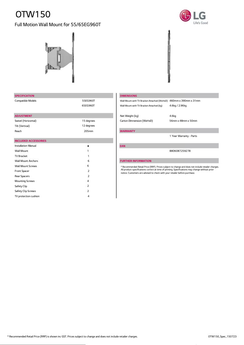 Page 1 de la notice Fiche technique LG OTW150