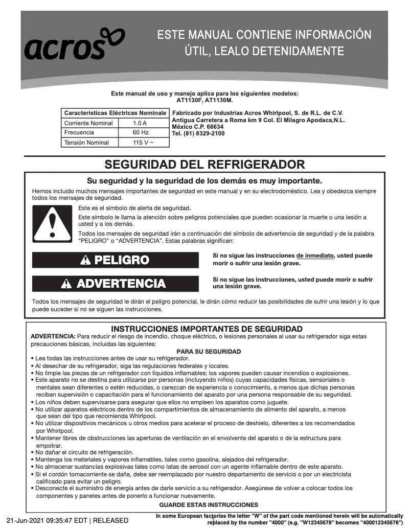 Page 1 de la notice Manuel utilisateur Acros AT1130F
