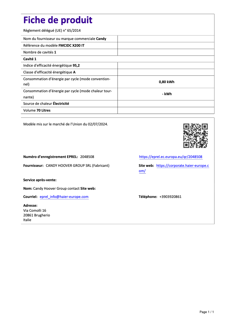 Page 1 de la notice Fiche technique Candy FMCIDC X200