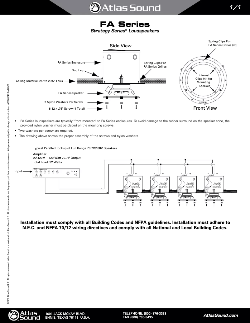 Page 1 de la notice Manuel utilisateur Atlas Sound FA138