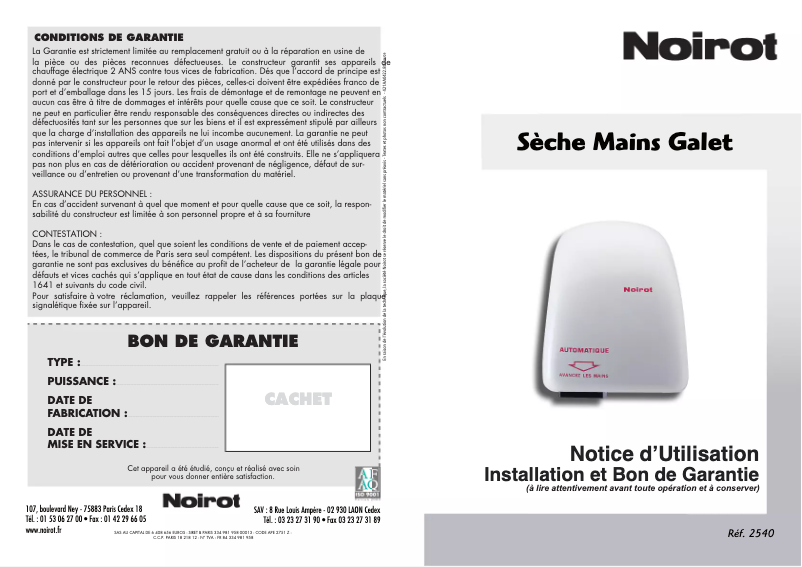 Page n°1 - Manuel utilisateur Noirot 2540 Galet
