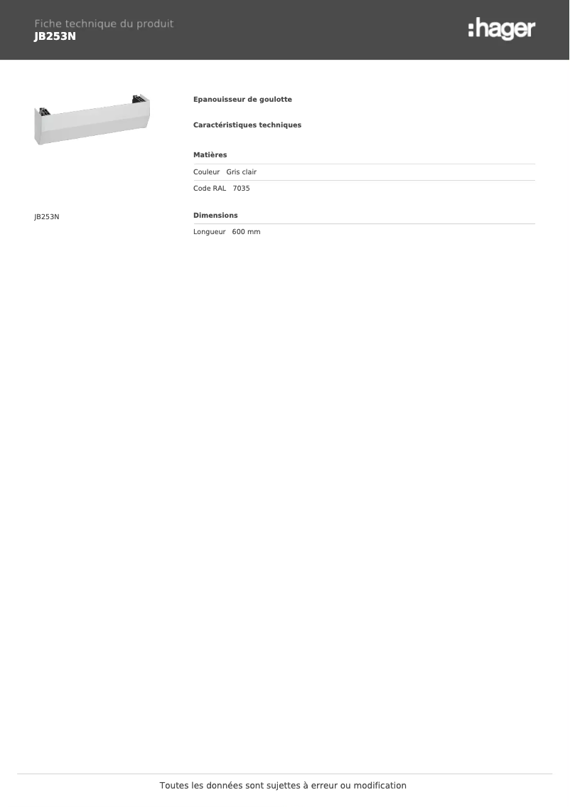 Page 1 de la notice Fiche technique Hager JB253N