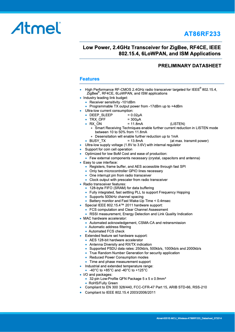 Page 1 de la notice Fiche technique Microchip AT86RF233