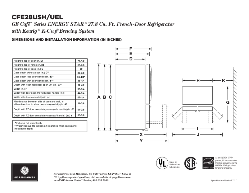 Page 1 de la notice Fiche technique GE Café CFE28USHSS