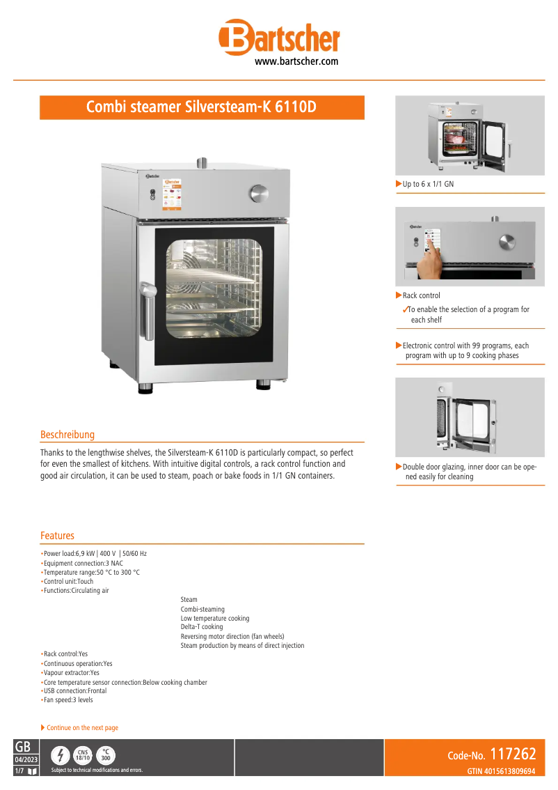 Página 1 del manual Ficha técnica Bartscher Silversteam-K 117262