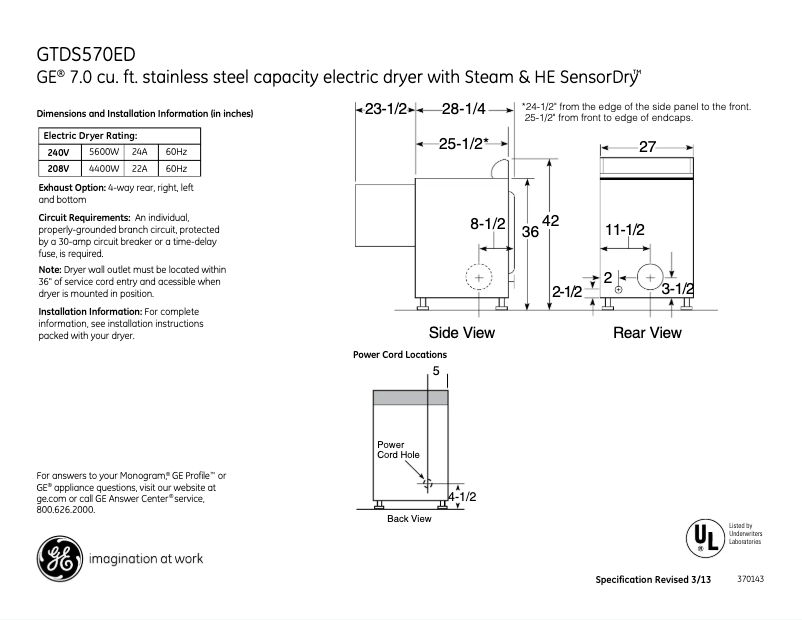Page 1 de la notice Fiche technique GE GTDS570EDWW