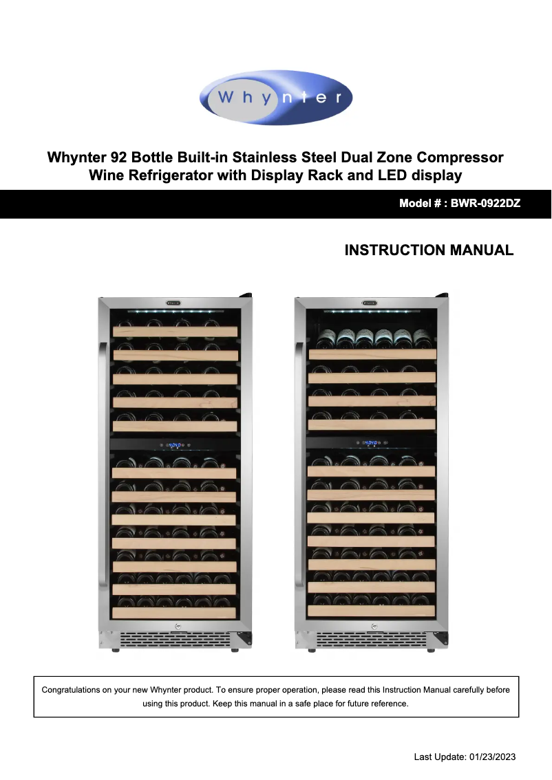 Page 1 de la notice Manuel utilisateur Whynter BWR-0922DZ