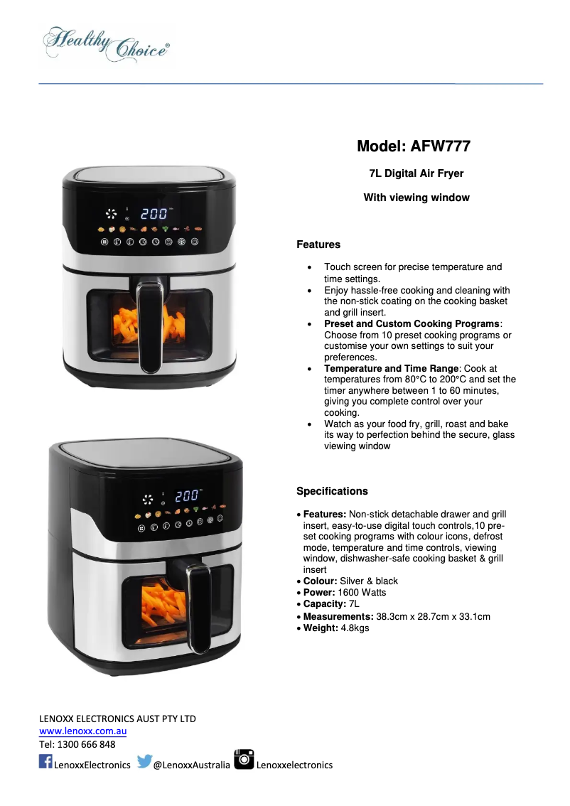 Page 1 de la notice Fiche technique Healthy Choice AFW777