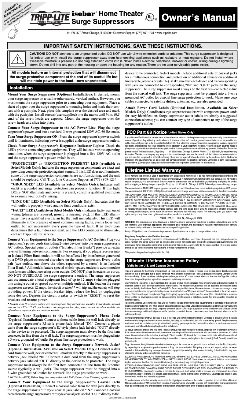 Page 1 de la notice Manuel utilisateur Tripp Lite Isobar HT10DBS