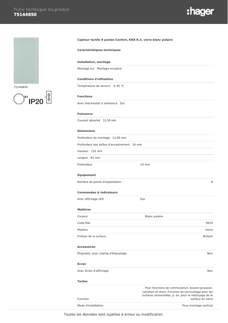 Page n°1 - Fiche technique Hager 75144850