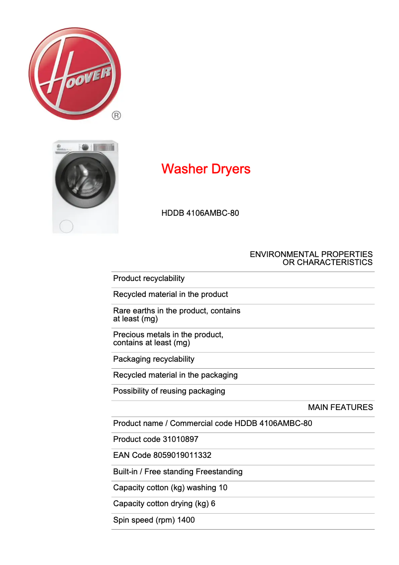 Página 1 del manual Ficha técnica Hoover H-WASH&DRY 500 HDDB 4106AMBC-80