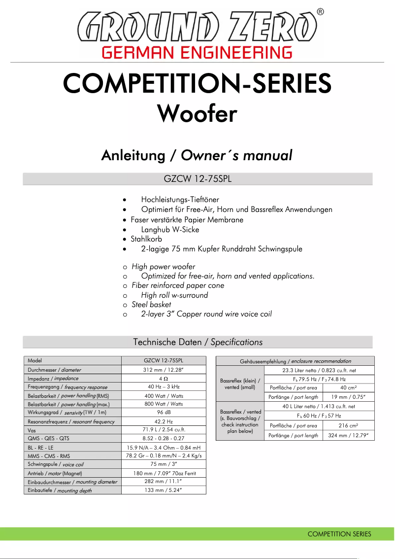 Page 1 de la notice Manuel utilisateur Ground Zero GZCW 12-75SPL