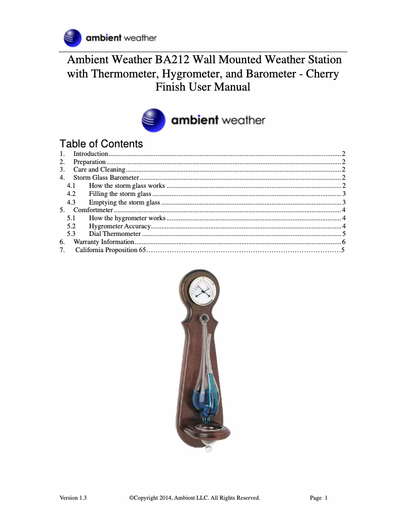 Page 1 de la notice Manuel utilisateur Ambient Weather BA212