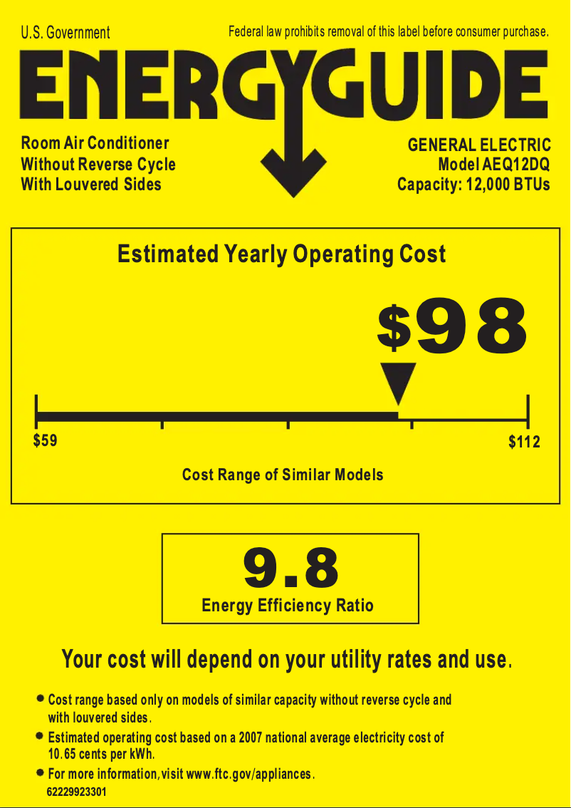 Page 1 of the manual Energy Label GE AEQ12DQ
