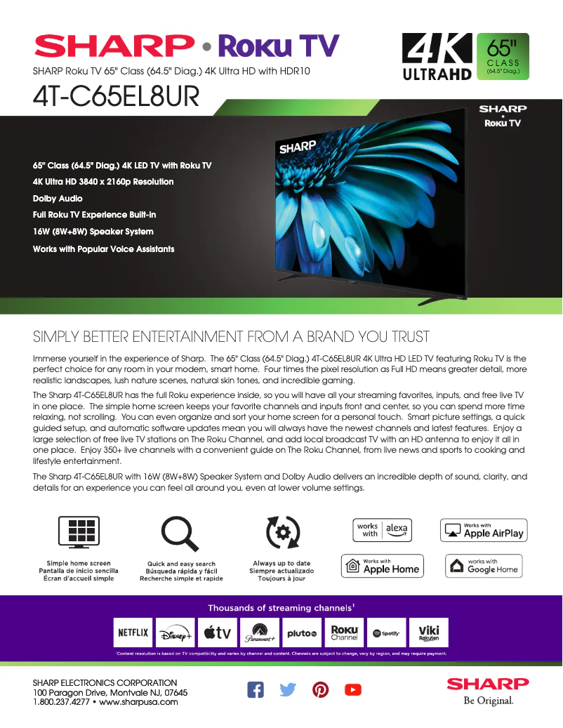 Page 1 de la notice Fiche technique Sharp 4T-C65EL8UR